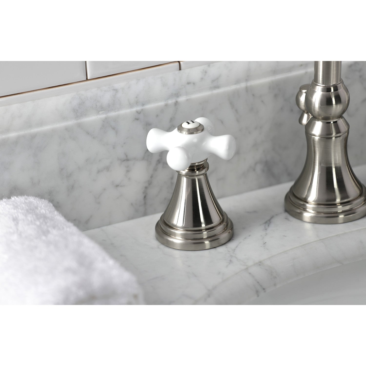 Kingston Tulare KS2988PX - Governor Two-Handle 3-Hole Deck Mount Widespread Bathroom Faucet with Brass Pop-Up, Brushed Nickel — thumbnail 2